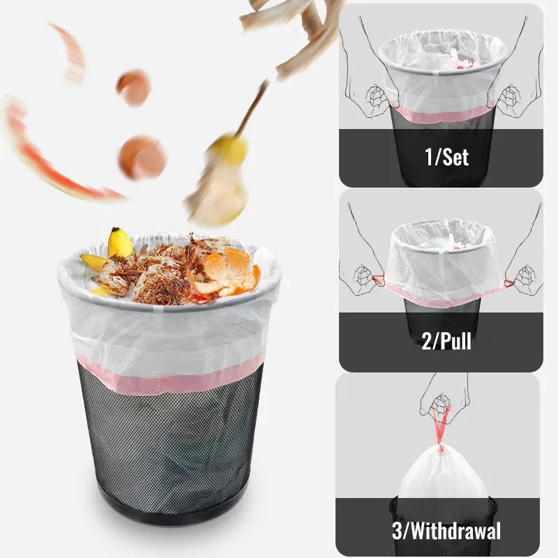 Garbage Bag with Drawstring Household Disposable Transparent Garbage Bag Kitchen Dormitory Living Room Use Three Sizes Selection