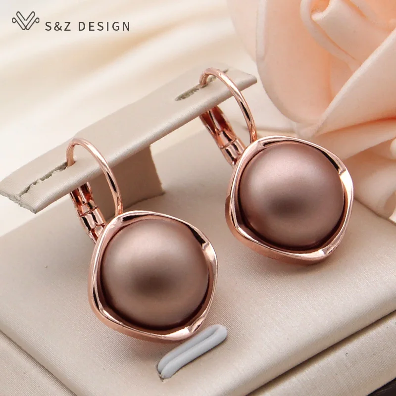 

S&Z DESIGN New Fashion Temperament Round Simulated-pearl Dangle Earrings For Women Wedding Jewelry 585 Rose Gold Color Eardrop