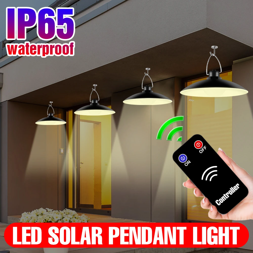 Light Sensor LED Solar Pendant Light Exterior Wall Lamp Solar Powered Remote Control Chandelier Portable Spotlight Waterproof