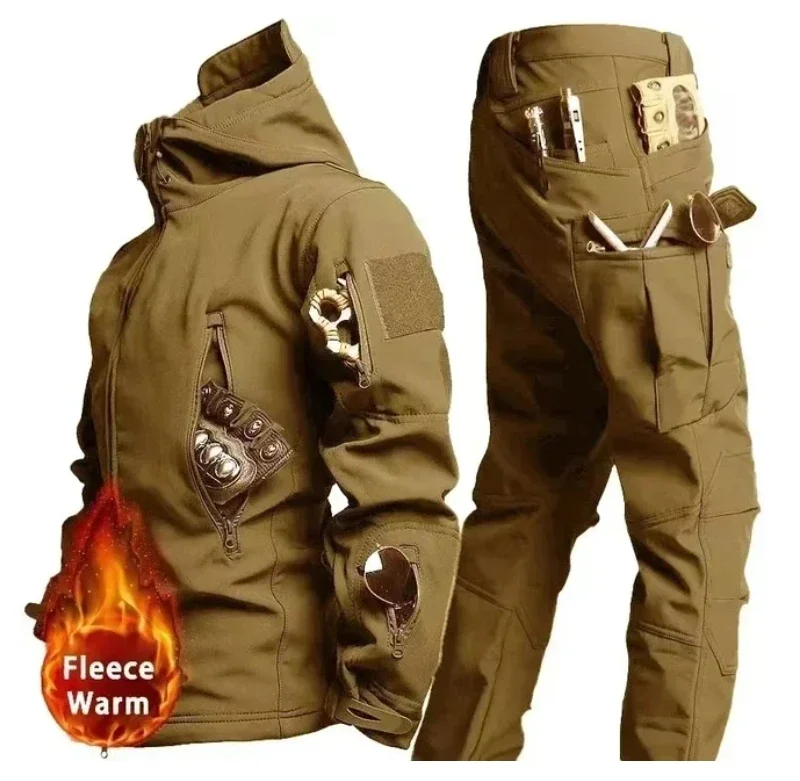 Hot Selling Winter Special Tactical Training Soft Shell Plush Waterproof Windproof Hooded Warm Jacket and Knee Thickened Pants