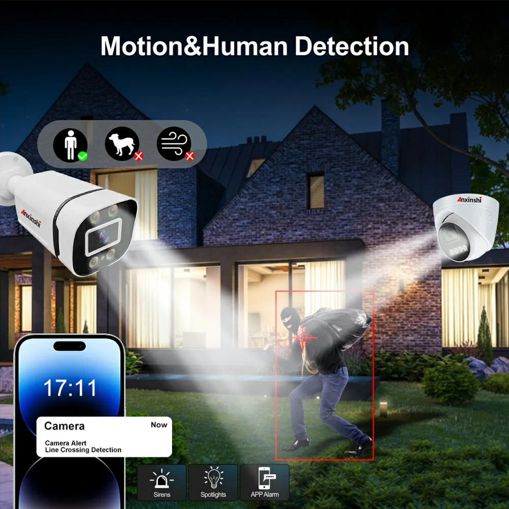 

Anxinshi 4MP Security Camera System Outdoor With Human Detection Two Way Audio 8CH POE IP Camera Kit P2P Free Remote Access