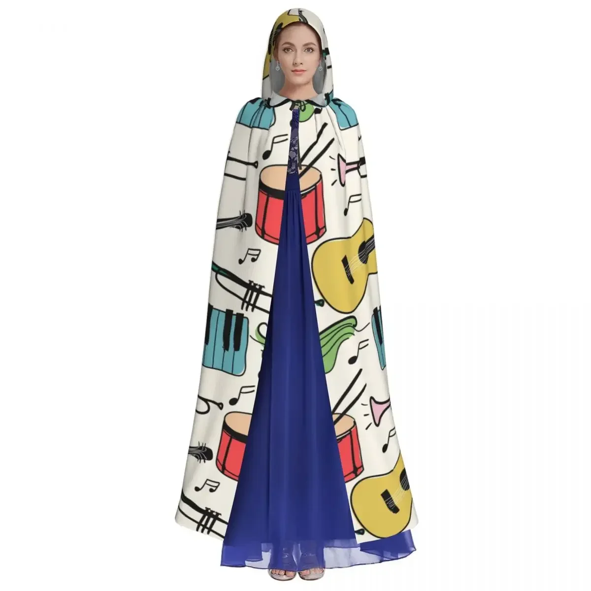 Adult Halloween Music Instruments Piano Guitar Drum Pattern Cape Hooded Medieval Costume Full Length Dress Coat