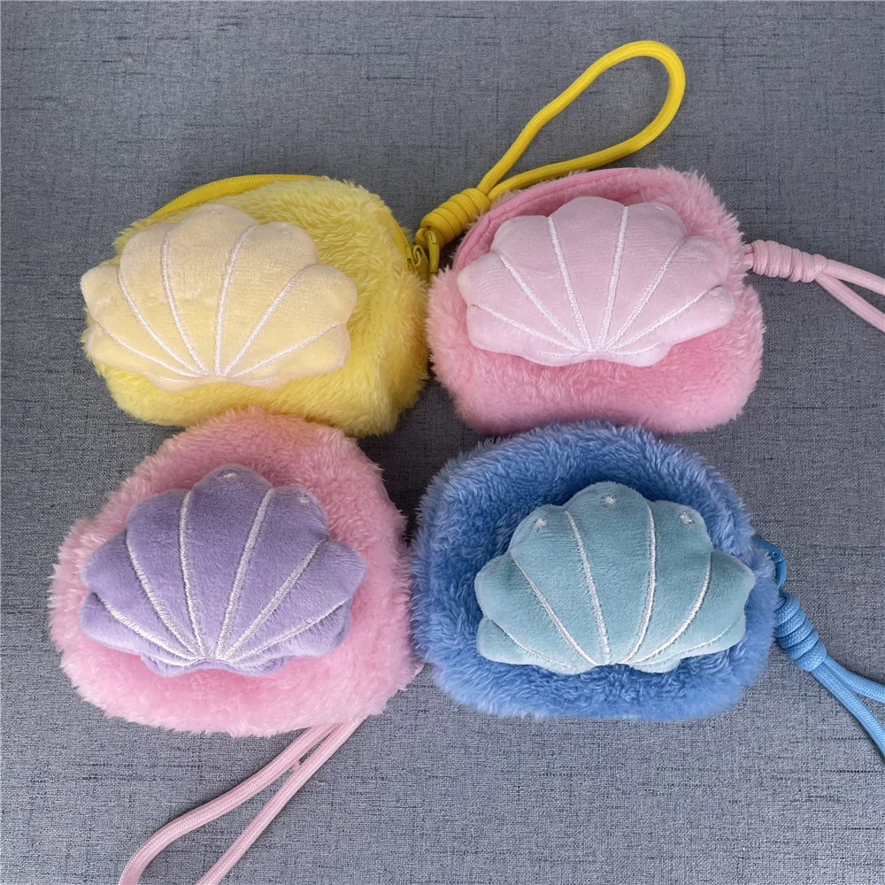 20PCS 4Colors , 11CM Fluffy Shell Design Plush Coin Pouch Bag , Wrist Rope Coin Wallet Purse