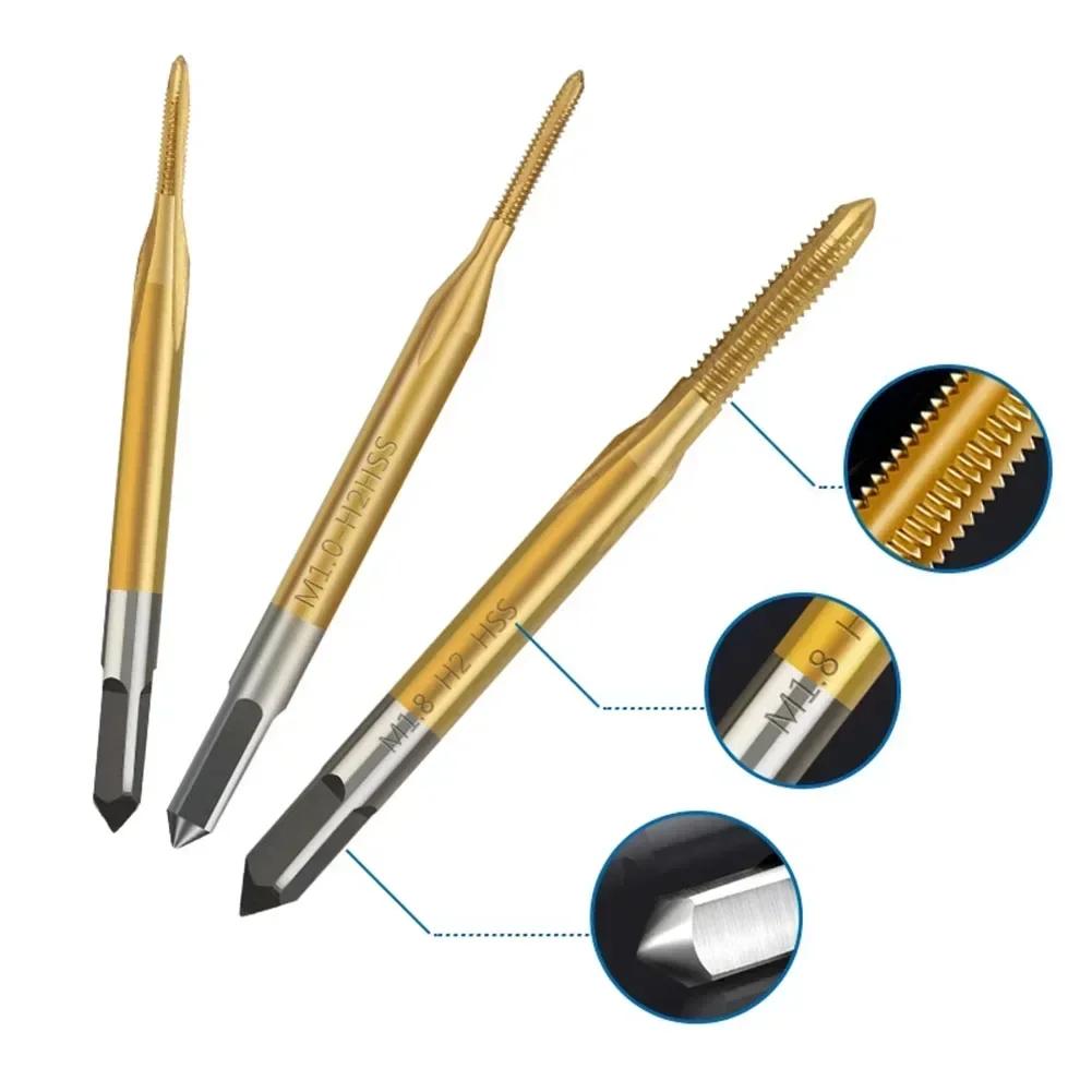 Mini Machine Tap HSS Straight Thread Tap Titanium Coated Screw Tap Drill Bit Metric Flute Thread Tap Hand Tools M1 M1.2 M1.4