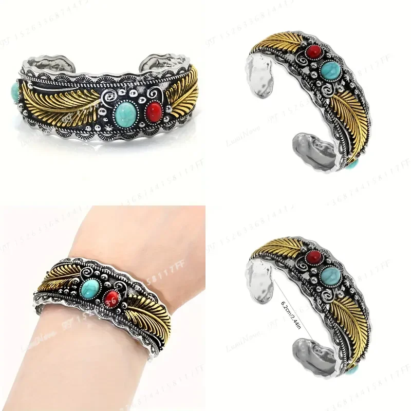 Men's Open Bangle Bracelet Antique Silver Tone with Turquoise Inlay Adjustable Vintage Dark Style High End Versatile Jewelry