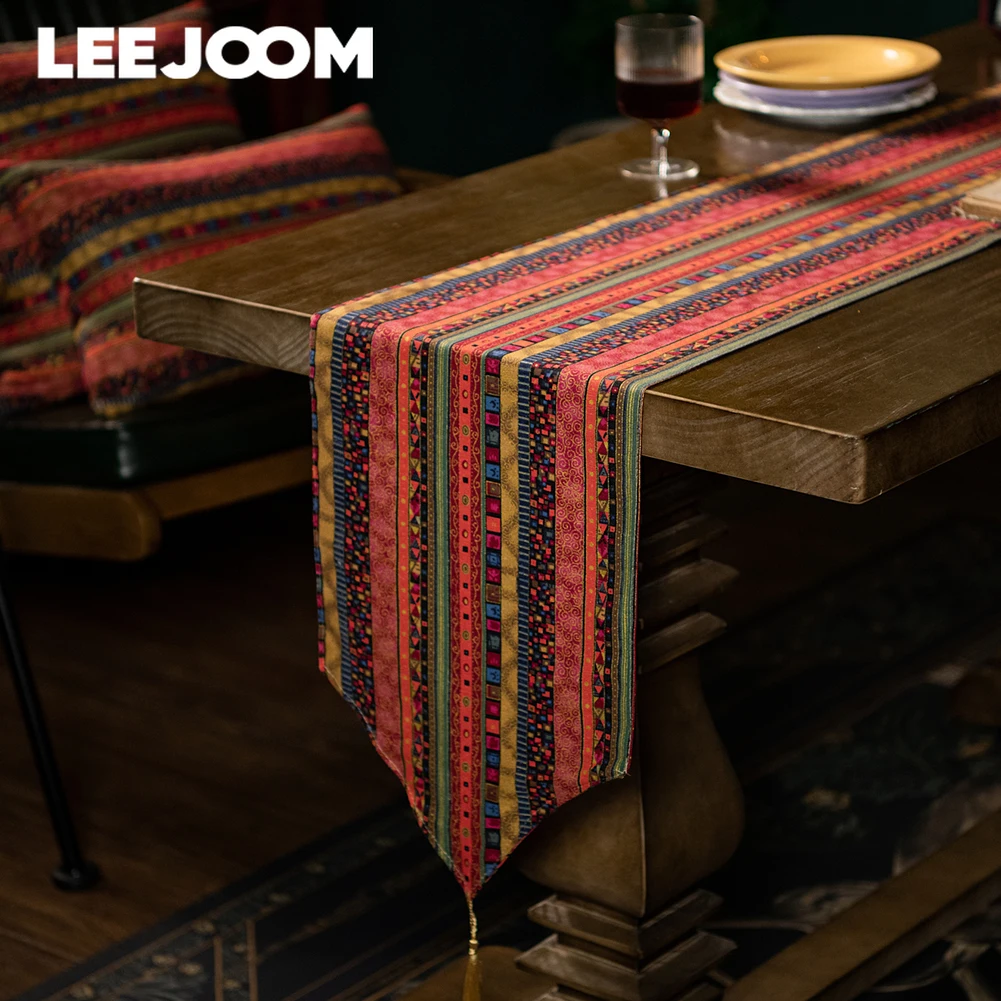 LEEJOOM Printed Striped Table Runner Tassel Dinner Table Cloth Table Decor Home Decor 1PC