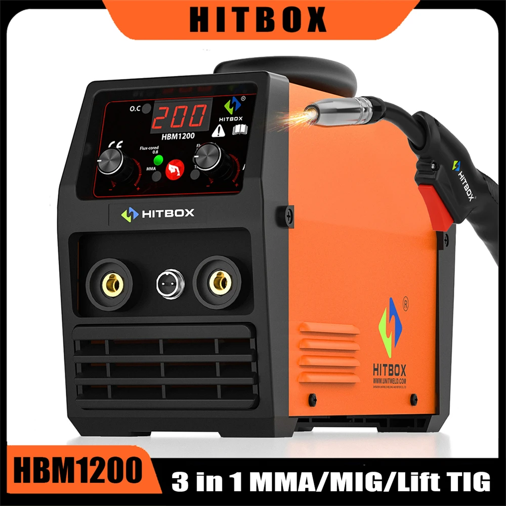 HITBOX MIG Welding Machine 220V 50/60Hz HBM1200 3 in 1 Semi-Automatic Inverter Welder Large Display ARC/MIG/Lift TIG Gasless Soldering Outdoor Home