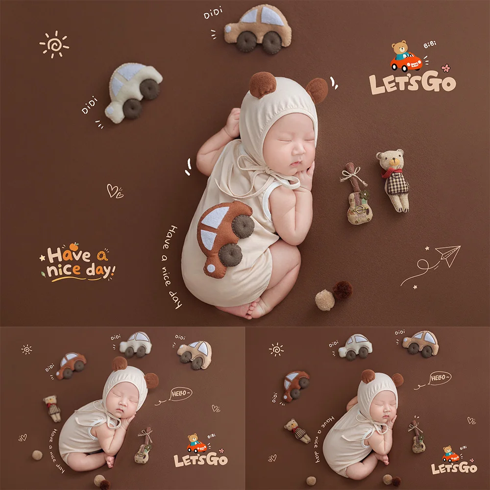 Cute Teddy Bear Theme Newborn Photography Props 0-1m Baby Photo Romper+bonnet Set Plush Car&bear Props for Studio Shoot Sessions