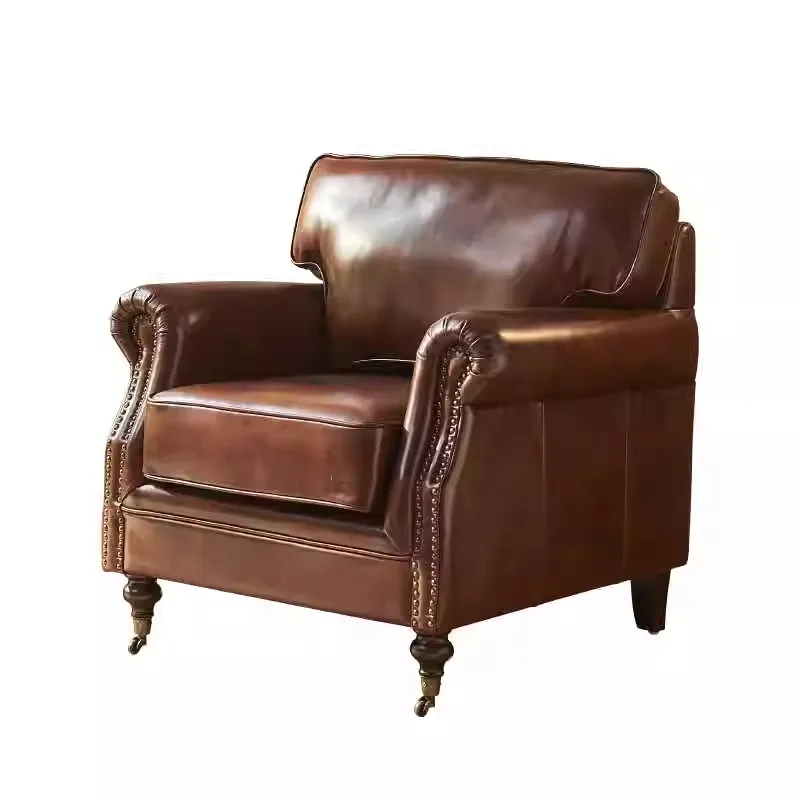 French antique leather sofa American classic retro single sofa oil wax leather tiger chair leisure chair
