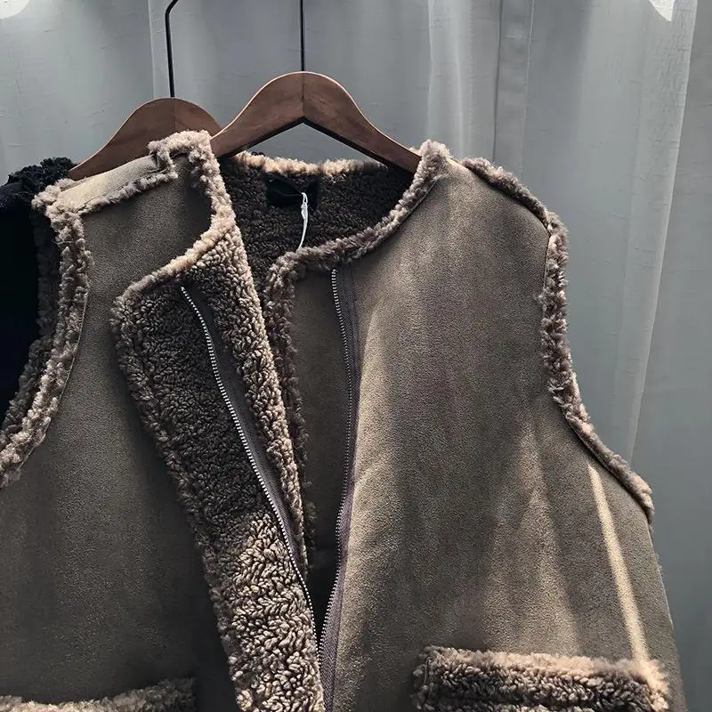 Women's Autumn Winter Lamb Wool Vest Jacket Korean Loose Two Sided Wearing Deer Fur Sleeveless Coat Female Casual Zipper Jackets