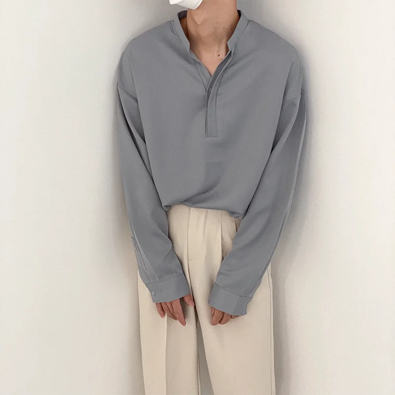 

Fall V Neck Long Sleeve Men Solid Shirt Korean All-match Fashion Loose Simple Business Casual Oversized Clothing Top White Black
