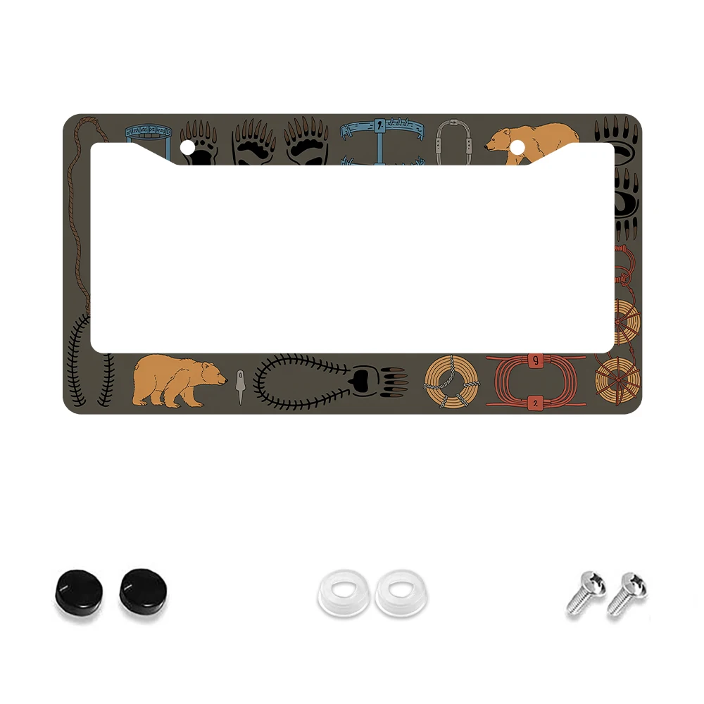 

1pc Retro Brown 2-Hole License Plate Frame with Bear and Paw Prints Pattern, Aluminum Material, 6x12 Inch, Includes Screw