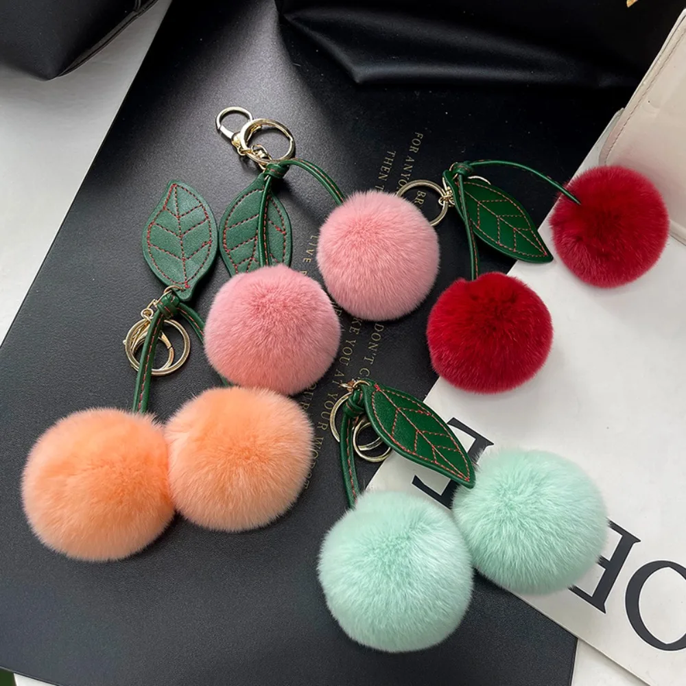 New Cherry Keychain Otter Rabbit Hair Fluffy Cartoon Keychain Kawaii Cute Women's Bag Pendant Backpack Car Key Pendant