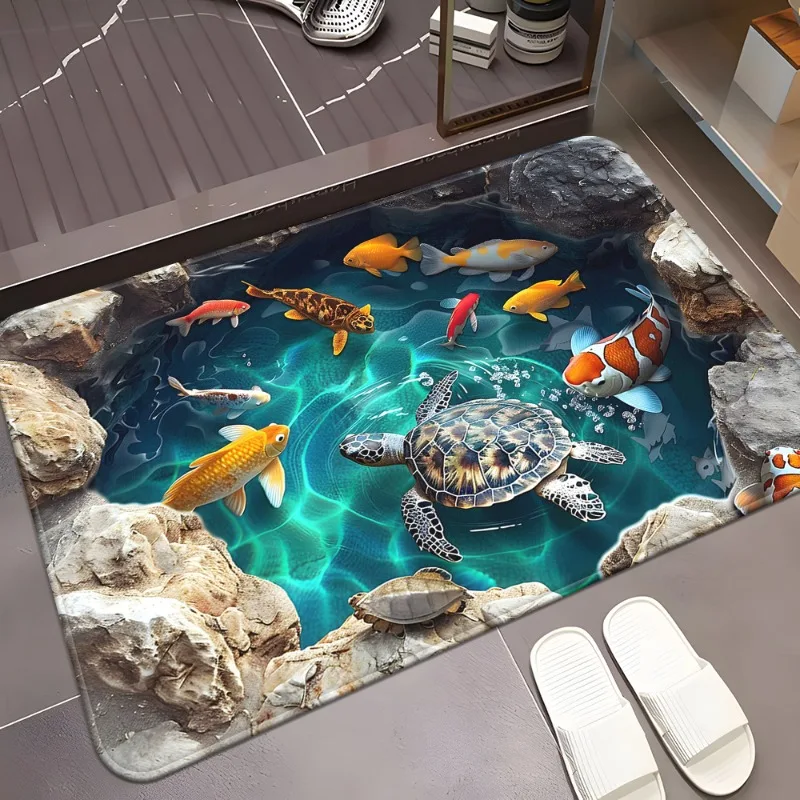 1pc Illusion Turtles and Fish in The Pond Door Mat, Non-Slip Bathroom Floor Mat, Polyester Mat for Bedroom, Living Room Entrance