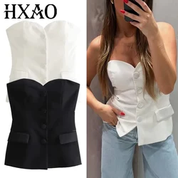 HXAO Black White Crop Top Women Off Shoulder Corset Tube Tops Woman 2024 Summer Backless Vest Top Sexy Strapless Tank Top