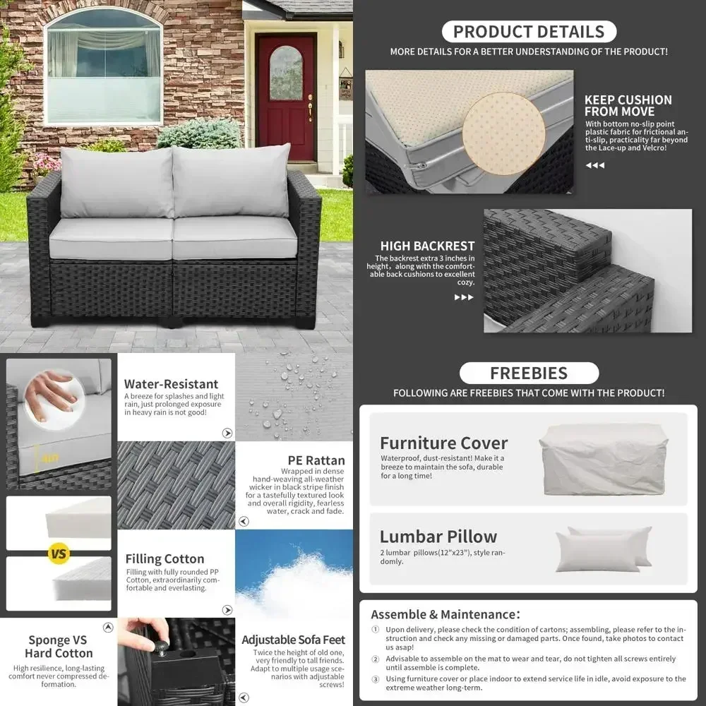 

Горячие продажи! Уличный диван-софа для патио с 2-местными подушками, противоскользящей подставкой, поясничной подушкой и водонепроницаемыми свойствами.