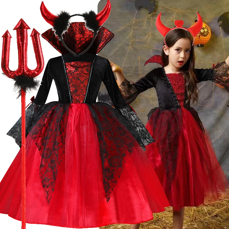 Disfraz gótico de vampiro para niñas, vestido de Halloween para niños, disfraz de novia fantasma, traje de carnaval, ropa negra y roja, 2024