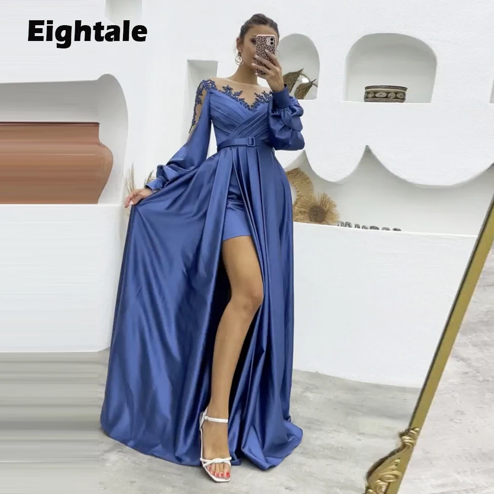 

Eightale Arabic Evening Dresses Blue Appliques Satin Long Puffy Sleeves Beaded Formal Celebrity Prom Party Gowns for Wedding