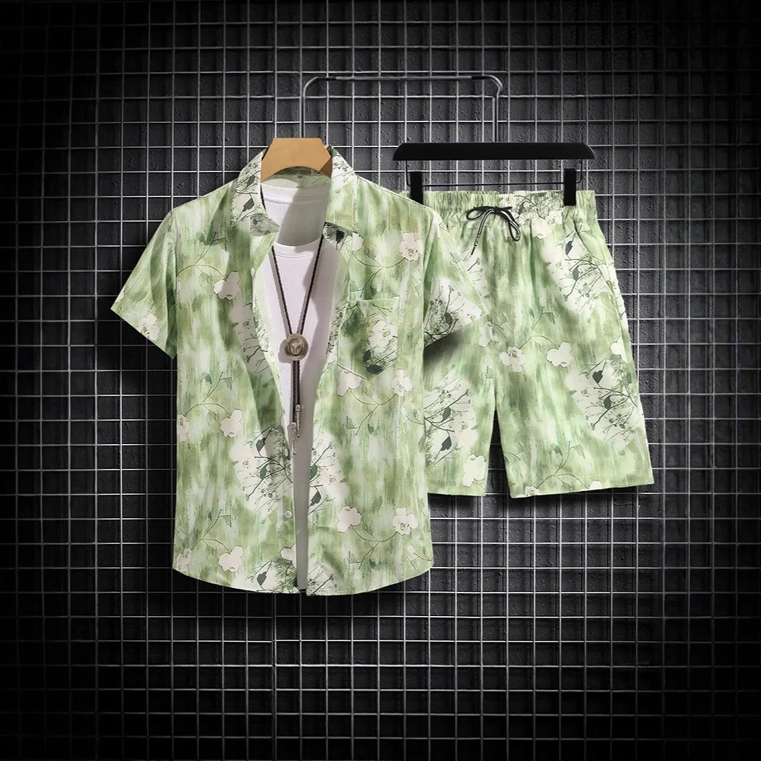 Fashion Youthful Hawaii flowers colorful cartoon 3D Print shirt +Shorts Short Sleeve Flip collar shirts half pants Two Piece Set
