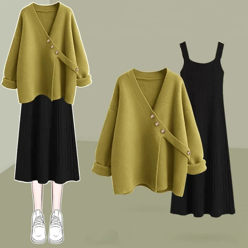 Autumn Winter Loose Sweater Pullover Tank Dress 1 or 2 Piece Set Women Fashion Button V-Neck Knit Tops Sleeveless Dresses Outfit