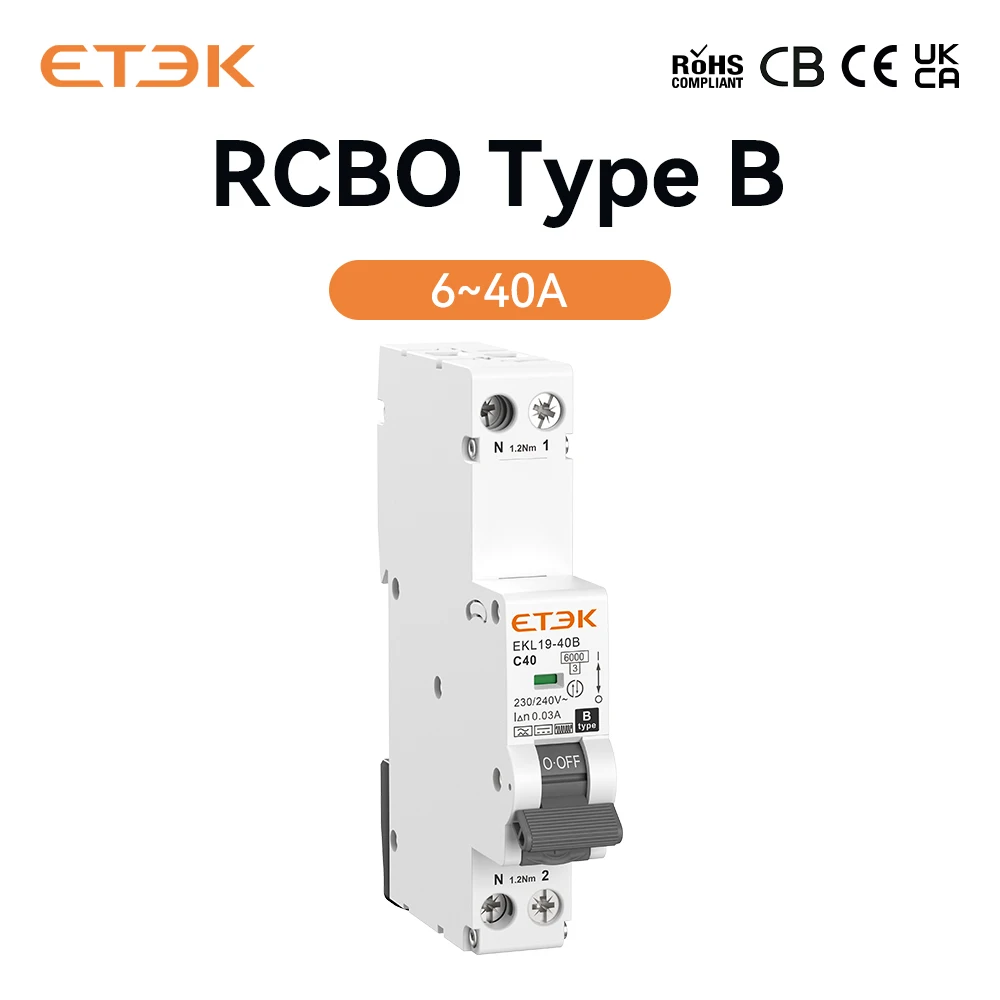 ETEK RCBO Type B 30mA 1PN Single Module 6KA 35mm Din-Rail IEC61009-1,IEC62423 EKL19-40B