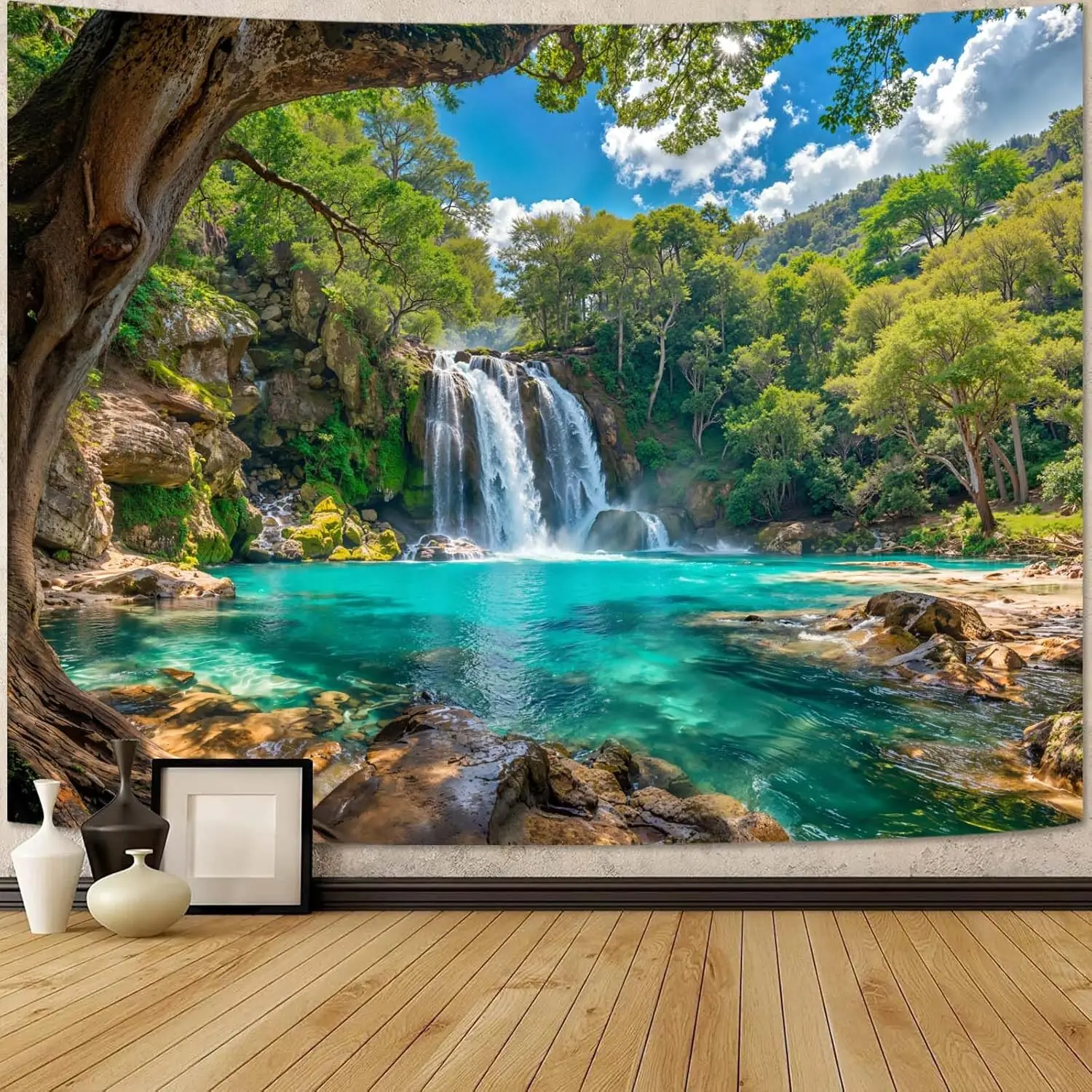Aesthetic Waterfall Nature Tapestry Wall Decor Bohemian Forest Landscape Rustic Jungle River Print Home Decoration Fabric Art