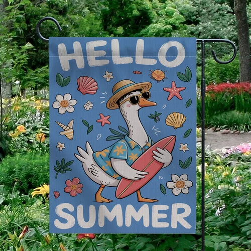 Hello Summer Garden Flag Surfer Goose Surfboard Beach Party Yard Decor OOV IIC