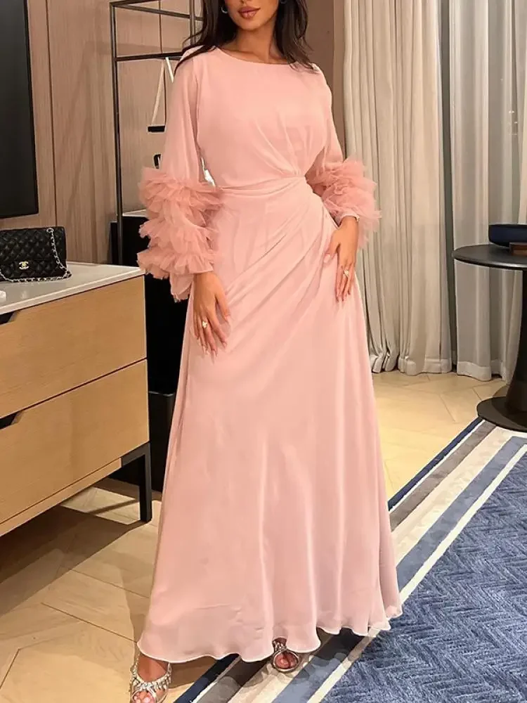 UOOZEE 2024 New Women Fashion Solid Color Elegant Bridesmaid Dress Spring Flared Sleeve Pleated Party Evening Maxi Dresses