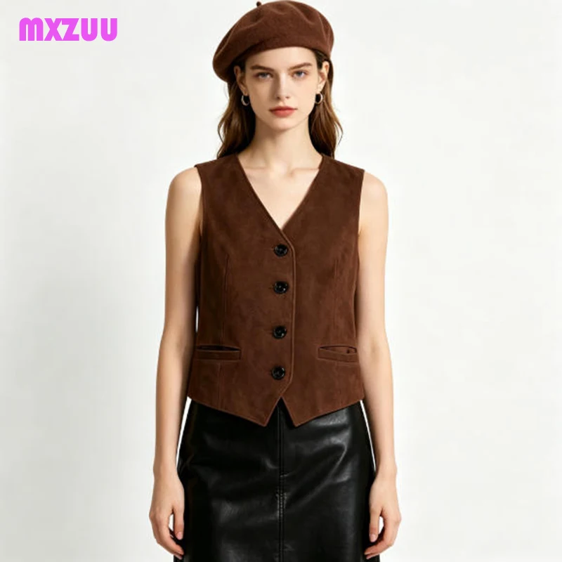Fashion Cow Suede Vest Spring Office Lady Casual Coffee Vintage V-Neck Stacked Waistcoat Vests Genuine Leather Sleeveless Jacket