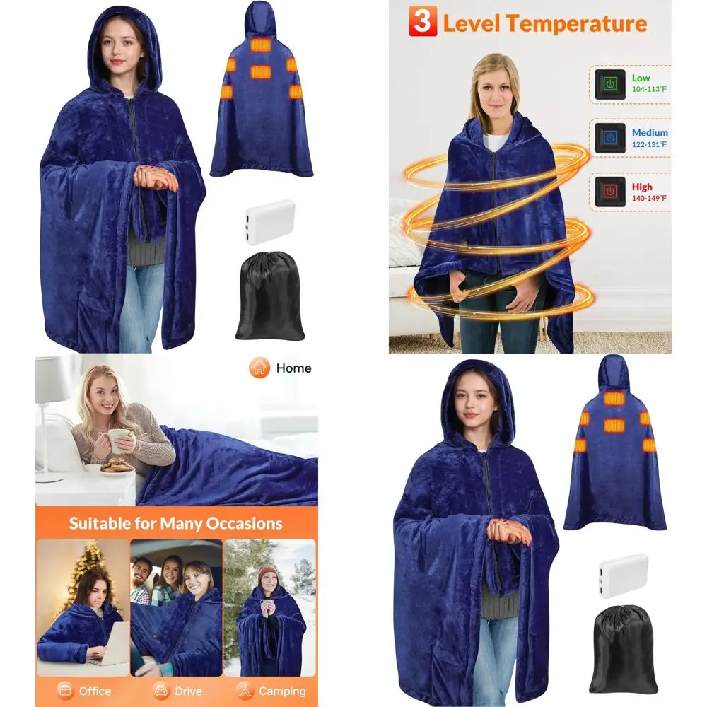 

Портативное перезаряжаемое одеяло с подогревом и капюшоном, 3 настройками температуры, аккумулятор емкостью 10000 мАч, идеально подходит для улицы, кемпинга и офиса.
