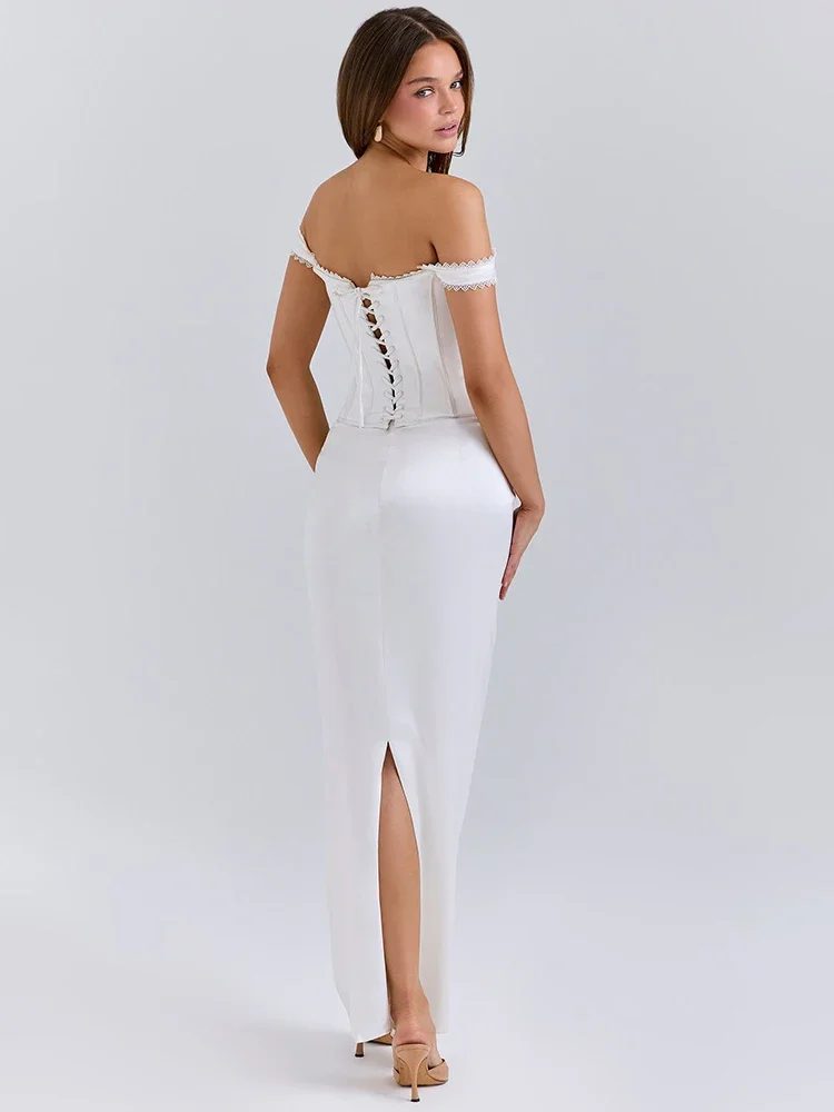 Satin Off-shoulder Backless Sexy Maxi Dress Women Fashion White Strapless Sleeveless Back Split Club Party Long Dress