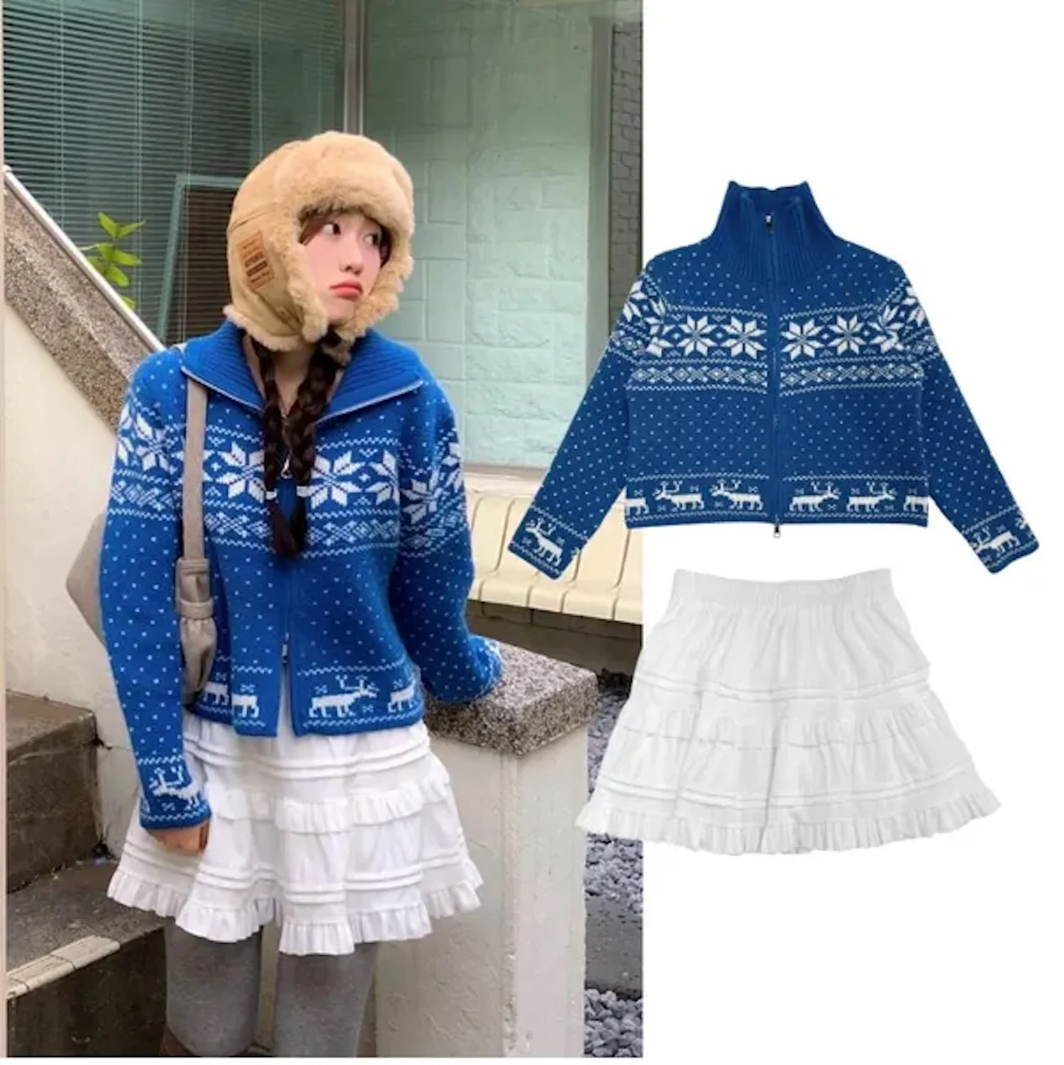 Vintage Fel Island Knitted Sweater Autumn/Winter Corduroy Wood Ear Skirt Single Piece Vintage Zipper Lapel Cardigan for Women