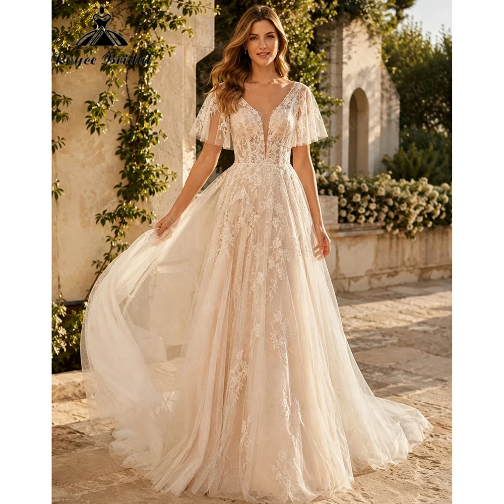 Boho Applique Deep V Neck Elegant A Line Wedding Dresses 2027 Flowers Lace Beach Bridal Gown Customized vestido de novia