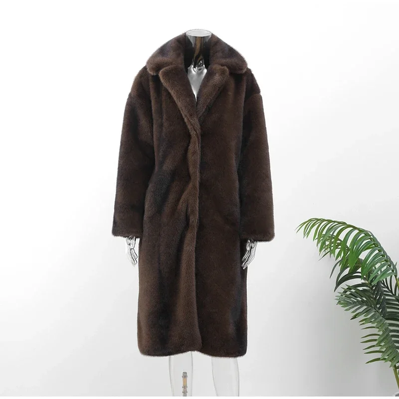 Dunkelbrauner Kunst pelz langer Mantel einreihige Damen Fleece jacke Trenchcoat 2023 Winter flauschiger Plüsch warmer Mantel neu – Detail 16