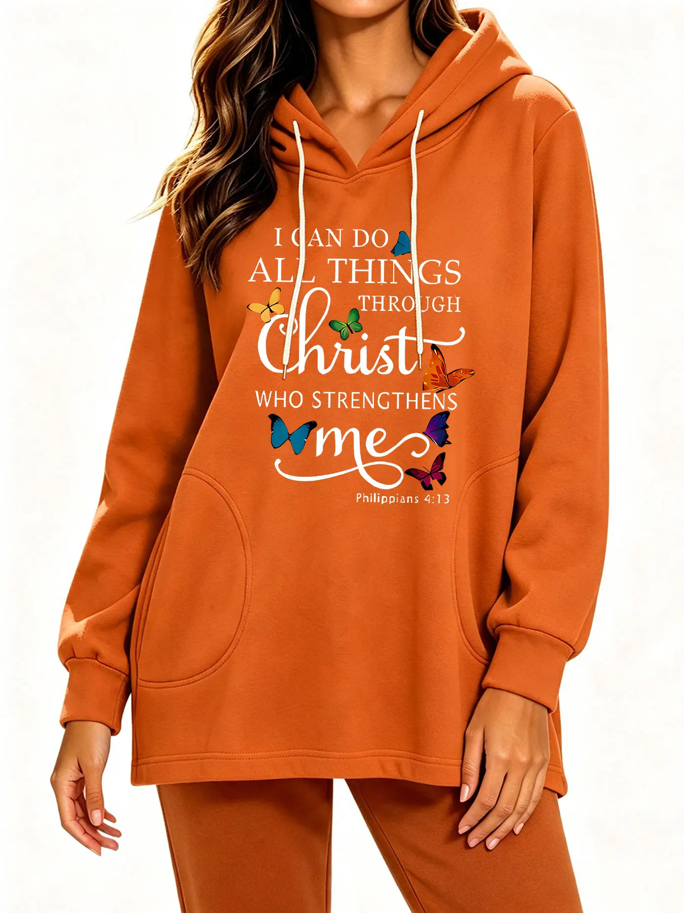 Colored butterfly-print, loose-fitting, drawstring, hooded sweatshirt with Bible text, women's clothing, suitable for Philephee.