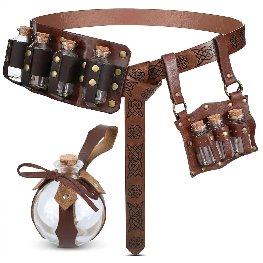 4pcs Renaissance Costume Accessories Magic Potion Bottle Medieval PU Leather Waist Belt for Halloween LARP Cosplay Costume Party