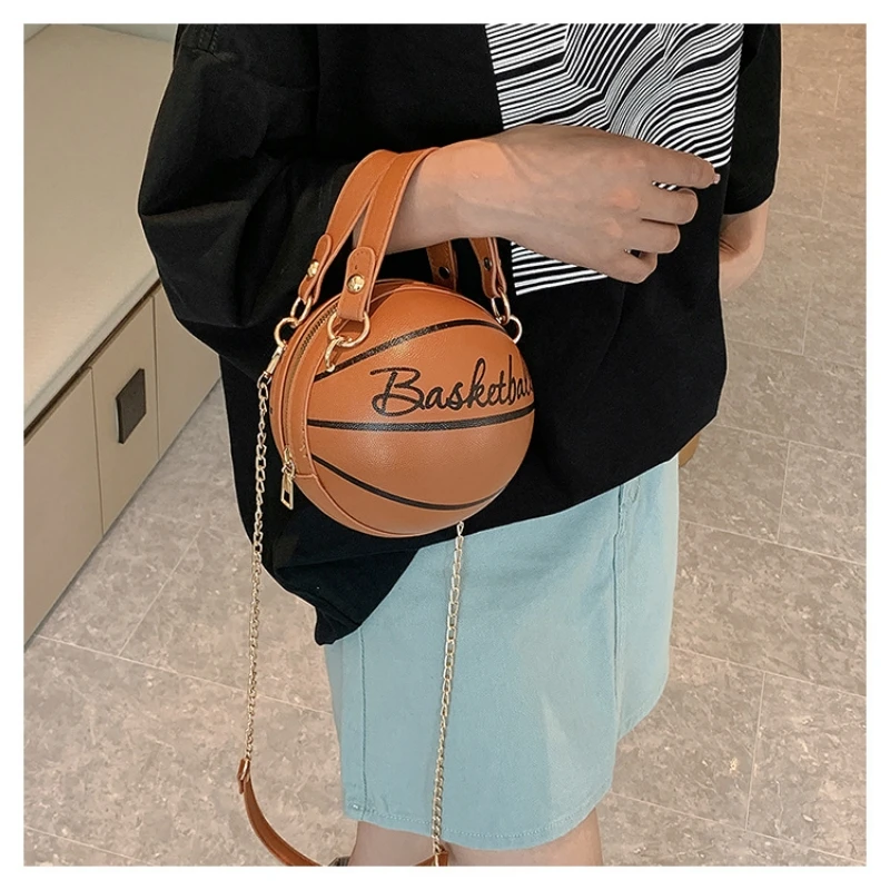 Women's Shoulder Bag PU Leather Chain Funny Round Basketball Letters Printed Youth Handbag Purse Fashion Crossbody Messenger Bag