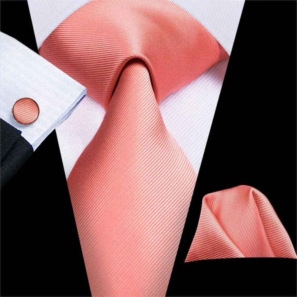 Hi-Tie Men Silk Wedding Tie Peach Pink Coral Solid Gift Necktie For Men Fashion Designer Quality Hanky Cufflink Business Party