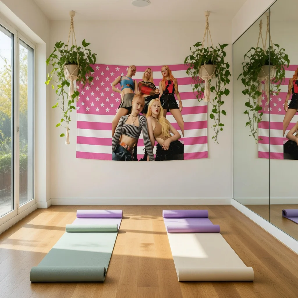 1Pc K-Pop Girl Group Style Tapestry, Pink Stripe Flag Wall Hanging, Aesthetic Decor for Dorm Bedroom Living Room