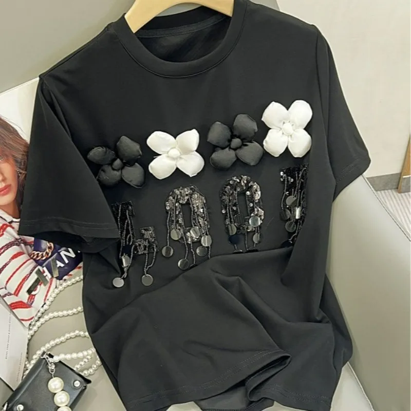 

2024 new design sense niche three-dimensional flower letter glitter tassel round neck short sleeved T-shirt for women