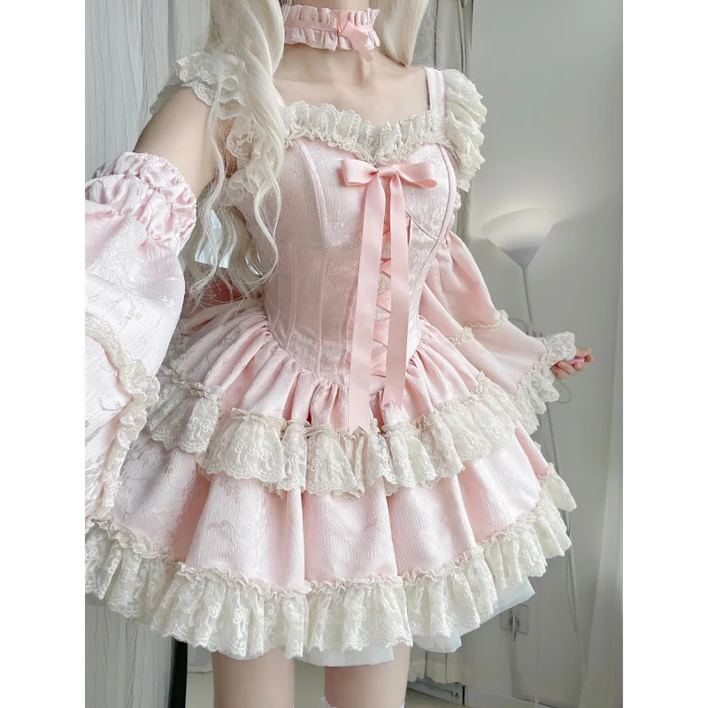 

Sweet Pink Lace Puff Dress Set Women Cute Princess Style Spaghetti Strap Mini Dress Ruffle Layered Skirt Japanese Kawaii Outfit