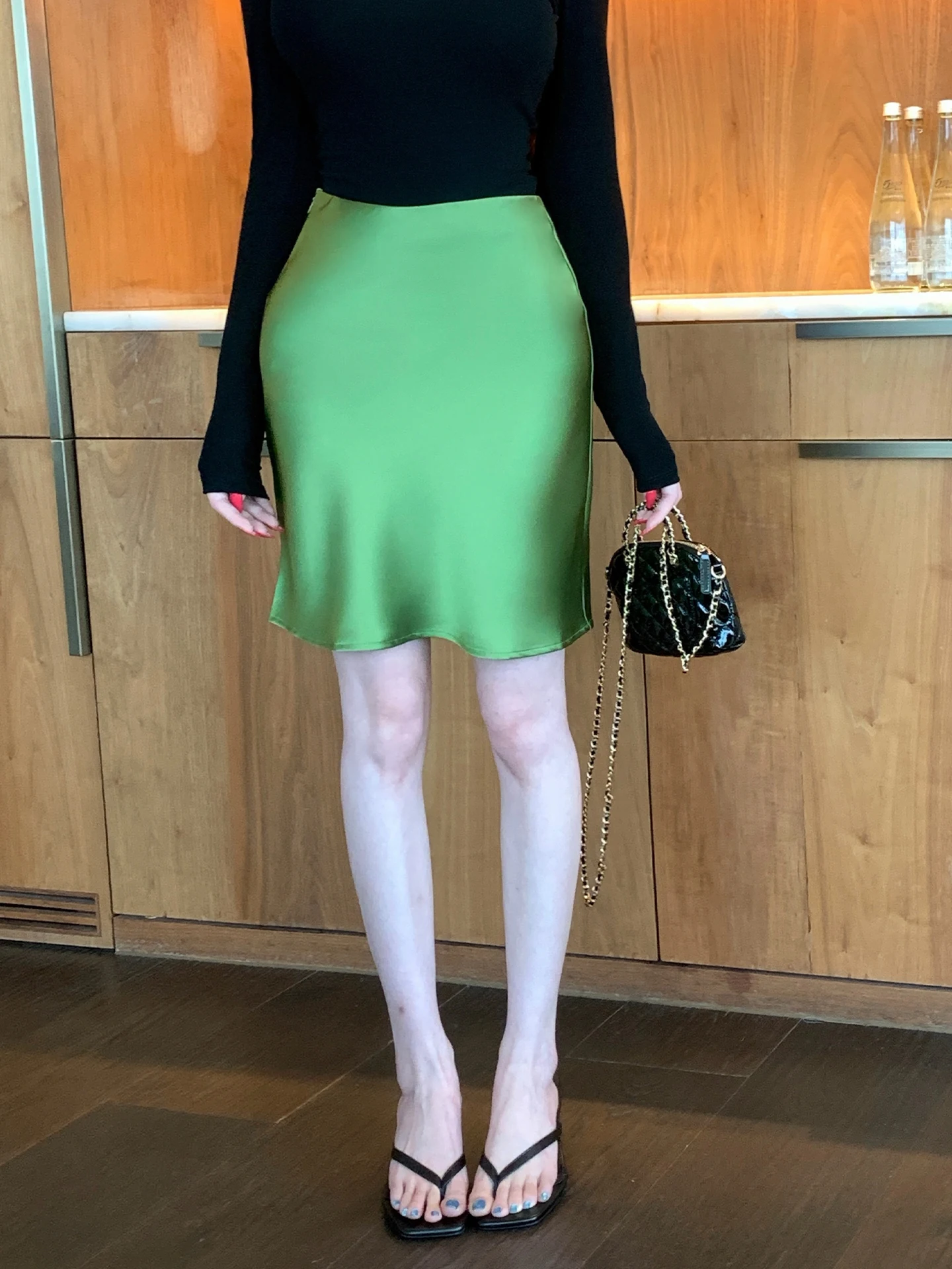 

Satiny Acid Green Fish Tail Half Skirt Women's High Waist Slim Fit A-Line Bodycon Summer Short Skirt by Bao Zhi Zhi