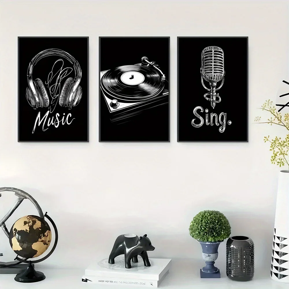 3pcs Unframed Singing Performances Poster, Audio Equipment Canvas Print Wall Arts, Listening Experience Poster, Microphones A