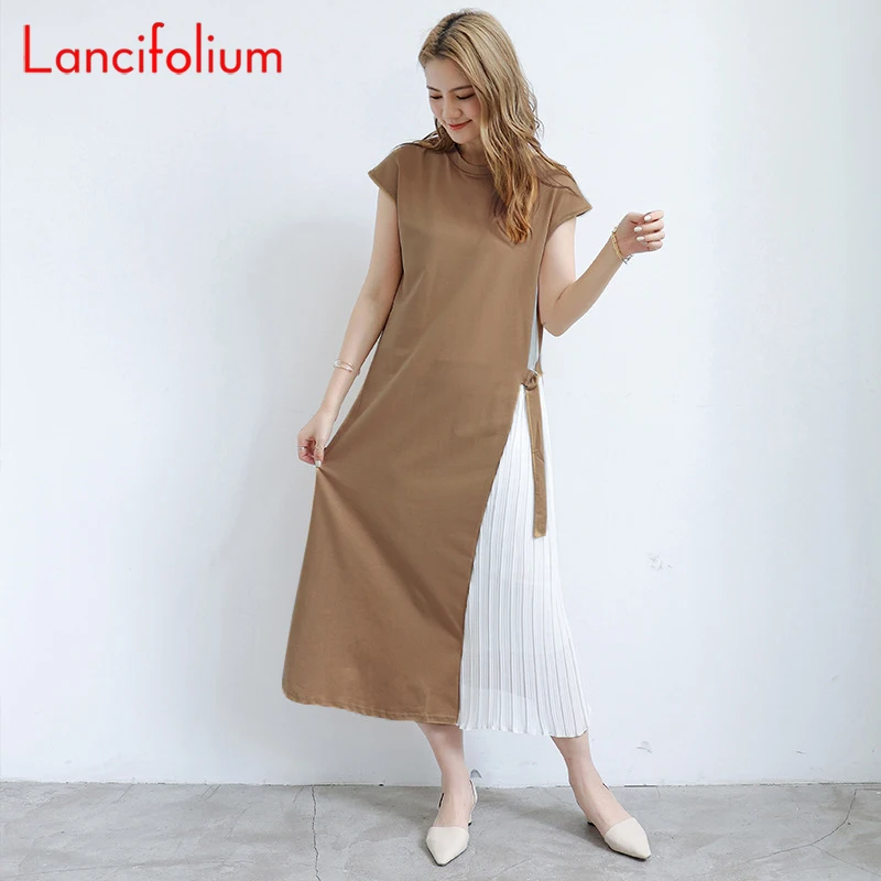 Robe d'été en mousseline de soie plissée à volants coréens pour femmes, col rond, manches courtes, bandage latéral, t-shirt Aity I, été, 2023