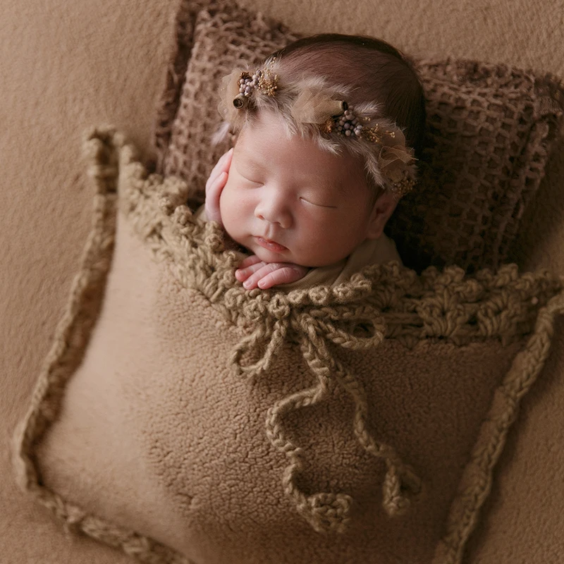 Accesorios de fotografía recién nacido KD, manta de fondo marrón con bolsillo, bonito sombrero, almohada de 0 a 1M, accesorios para sesión de fotos