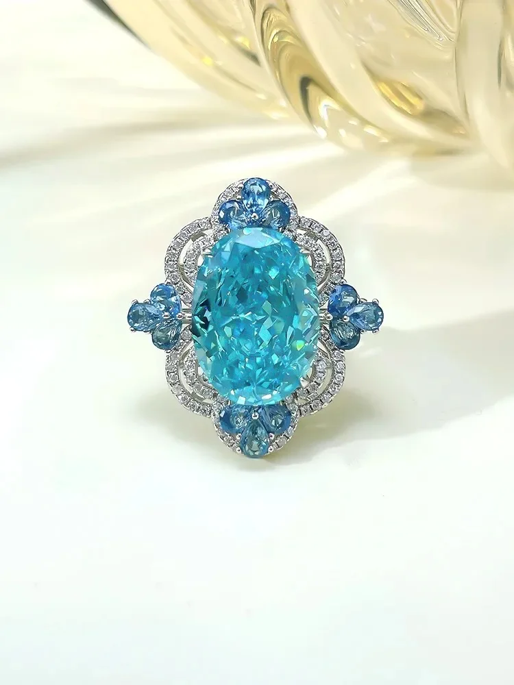 Seiko Luxury Egg-shaped Sea Blue Treasure Ring Inlaid with Imported High Carbon Diamond Premium Temperament Retro Banquet