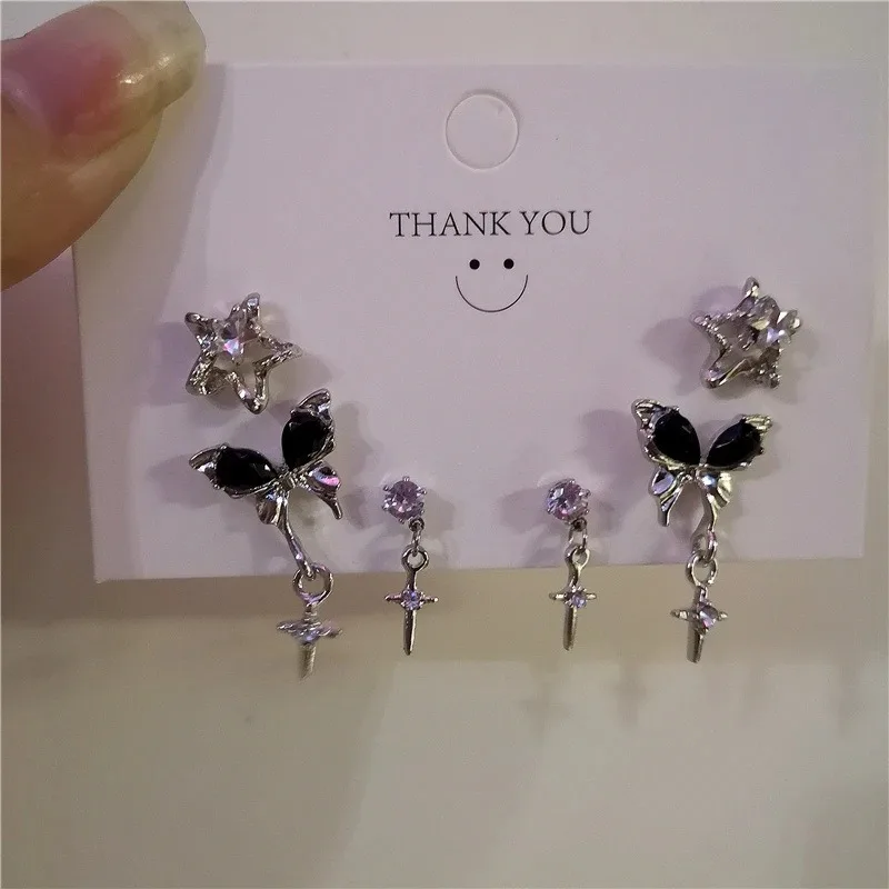 6pcs/Set Goth Black Butterfly Crystal Star Earring Set Women Girl Vintage Aesthetic Heart Stud Earring Y2K Jewelry Accessories
