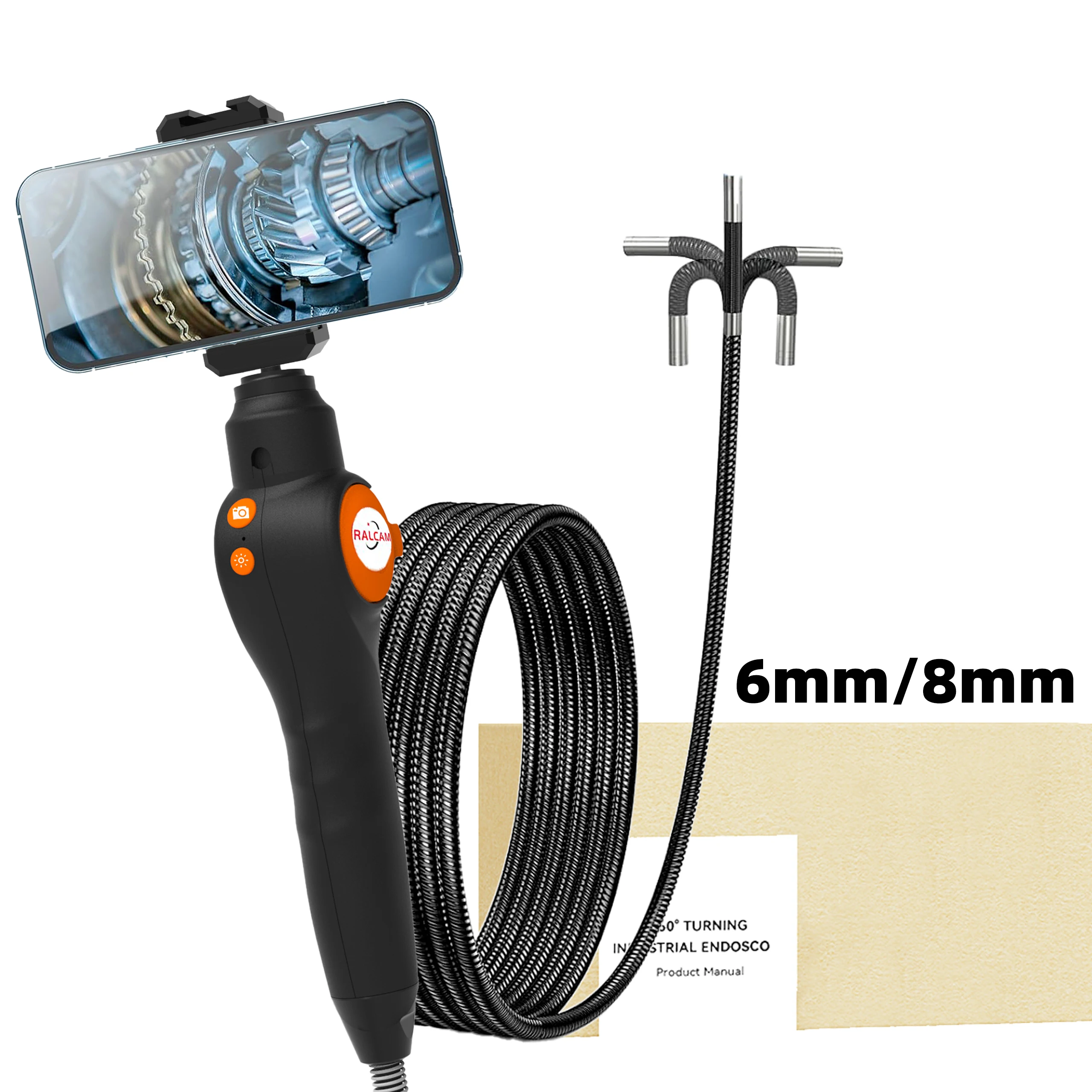 RALCAM 360 Degree Turn Industrial Endoscope Car Inspection Camera With 8 LEDs for iPhone Android 1080P Articulated Borescope 360