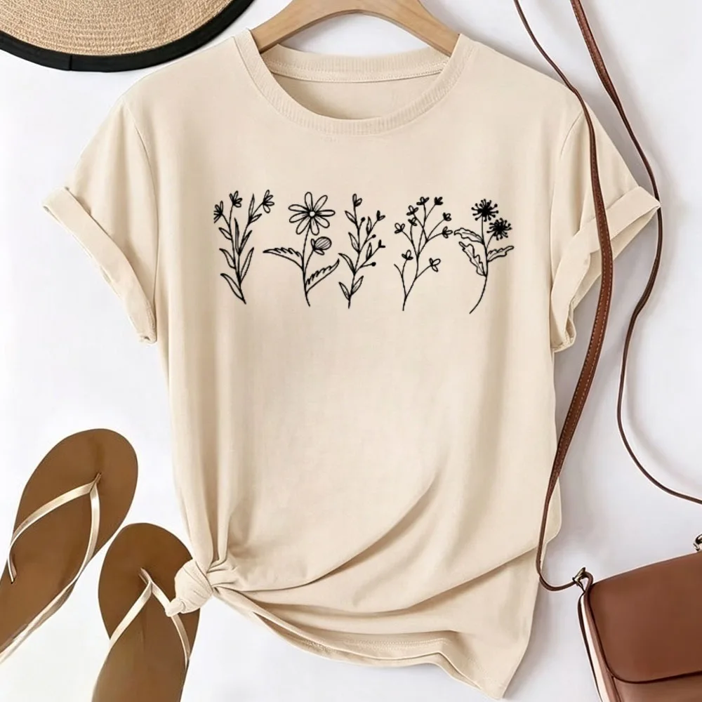 Minimalist Sketch Wildflower Graphic T Shirt Hand Drawn Line Art Floral Print Casual Short Sleeve Tee Botanical Plant Daisy Wild