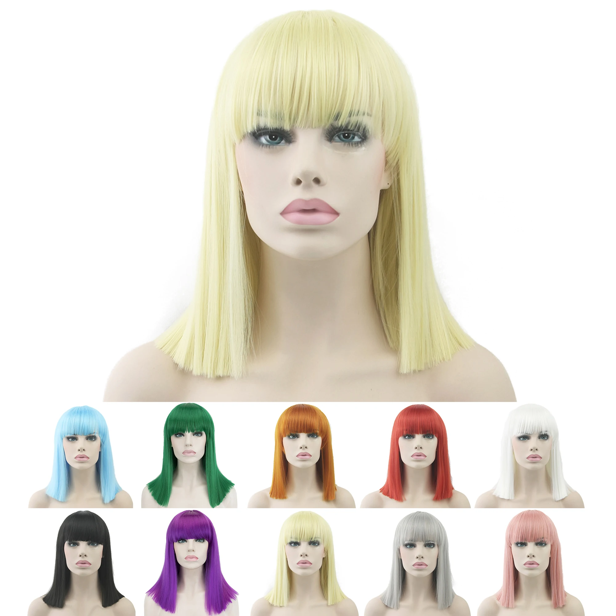 

Soowee Blonde Short Natural Cut Hair Cosplay Wig with Straight Bangs Halloween Costume Party Bob Wigs for Women